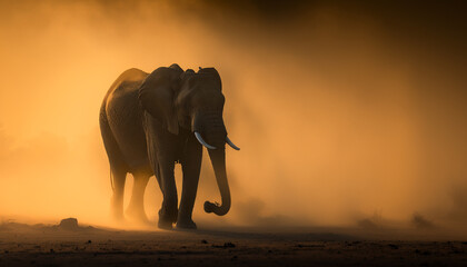 Fototapeta na wymiar Minimalism elephant dust storm sunrise 