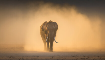 Fototapeta na wymiar Minimalism elephant dust storm sunrise 