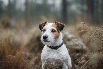 Gorgeous breed puppy In the winter woodland, a Jack Russell Terrier. Generative AI