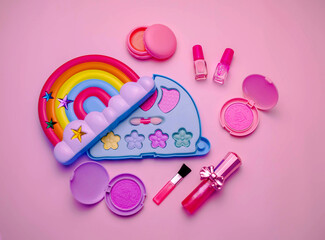 Children's set of decorative cosmetics for a little girl in the shape of a rainbow. Flat lay.
