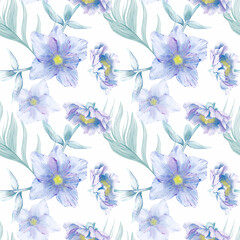 Fototapeta na wymiar Seamless watercolor pattern. Romantic blue flowers on a white background. Seamless pattern for fabric, linen, wallpaper and any of your purposes.