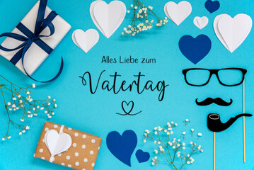Blue Flat Lay With Accessories, Gifts, Hearts, Vatertag Means Fathers Day - obrazy, fototapety, plakaty