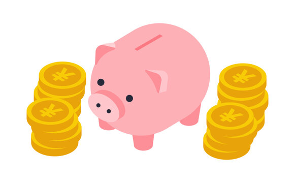 (複数の値)かわいい豚の貯金箱にコインが入るアイソメトリックイラスト
