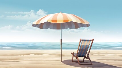 Fototapeta na wymiar Beach chair and umbrella on beautiful beach. Sunny day on a ocean shore. Travel paradise concept. Generative AI