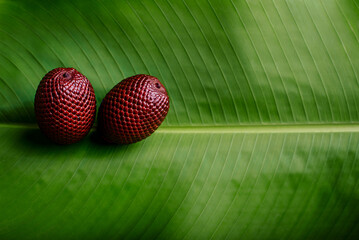 red aguaje fruits on green bijao leaf