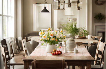 a dining room table with flowers and a vase
