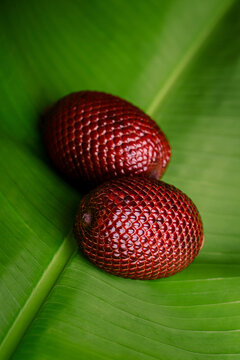 red aguaje fruits on green bijao leaf
