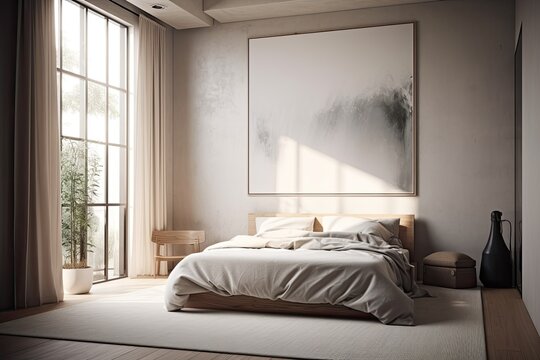Empty room interior backdrop natural light, Modern and minimalist bedroom interior with mock up poster canvas frame. Generative AI