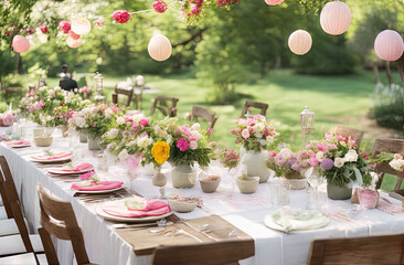 Fototapeta na wymiar a table set for a wedding reception with pink and white flowers