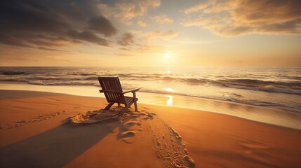 Beach chair and umbrella on beautiful beach. Sunset over ocean. Travel paradise concept. Generative AI