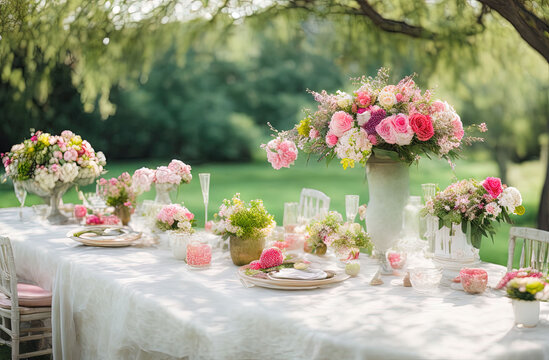 a table set with pink and white flowers