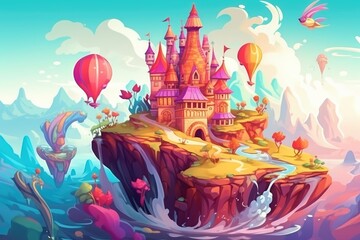 Obraz na płótnie Canvas A fantastical world with islands, mythical creatures, and magical landscapes background Generative AI