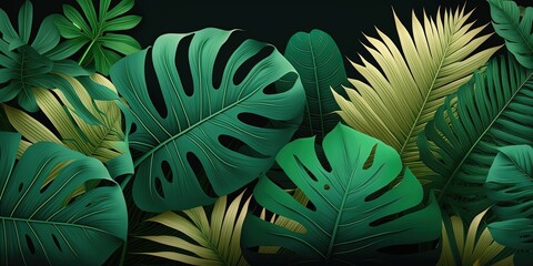 closeup nature view of green leaf and palms background. Flat lay, dark nature concept, tropical leaf by ai generative 