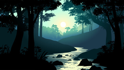 Foggy morning in beautiful forest. River in jungle. Sunrise landscape in woodland