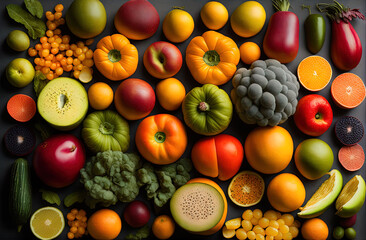 a large group of fruits and vegetables arranged in a circle