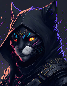 A portrait Illustration of a cat ninja warrior with a black face, a fantasy world, dark background, a splash of colorful paint, hyper-detailed, Generative AI