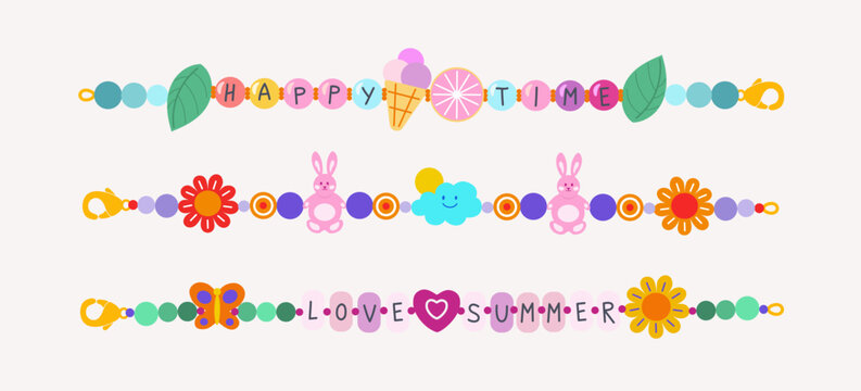 Abstract vector plastic beads colorful kids bracelets illustration set. Happy time love summer and friendship old school 90s cartoon style wristbands collection with icecream and bunnies Isolated