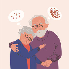 Old adult couple anxiety mental health vector illustration. Anxious and confused aged elder lady and man. Grandparents in stress giving hugs. Mature people self care portrait Isolated