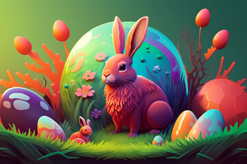 Colorful Easter Bunny with eggs