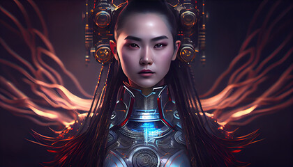 oriental cyberpunk female warrior, fictional character, AI based illustration