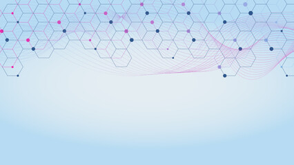 Abstract hexagonal with particle shapes for medical DNA research molecule with wave flow background.