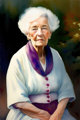 Colorful painted portrait of an old lady with flowers. Generative AI