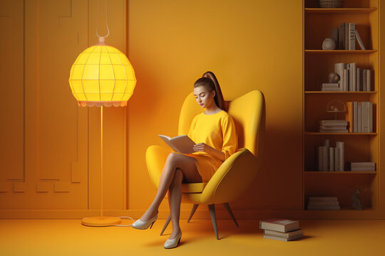 Online education, learning english, cartoon girl character sits on armchair and reading a book, school, courses. AI generated art