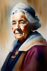 Colorful painted portrait of an old lady with flowers. Generative AI
