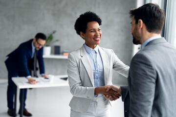 Smiling businessman and businesswoman handshake in office on a meeting