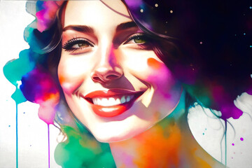 Watercolor style portrait of a smiling young woman. Generative AI