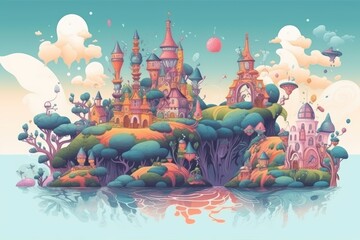 A fantastical world with islands, mythical creatures, and magical landscapes background Generative AI