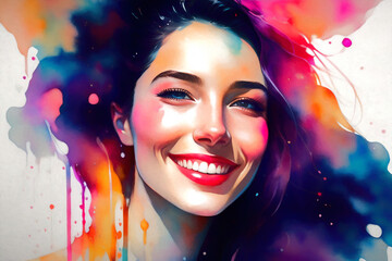 Watercolor style portrait of a smiling young woman. Generative AI