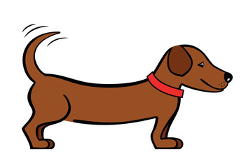 Pies rasy jamnik. Mały, brązowy piesek o długim tułowiu. Zabawny piesek,prosty  rysunek wektorowy, kolorowa ilustracja. Jamnik w czerwonej obroży, pies machający ogonem