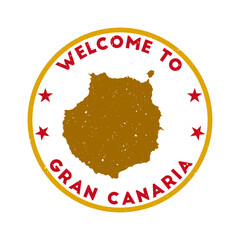 Welcome to Gran Canaria stamp. Grunge island round stamp with texture in Bloodthirsty Lips color theme. Vintage style geometric Gran Canaria seal. Stylish vector illustration. - obrazy, fototapety, plakaty