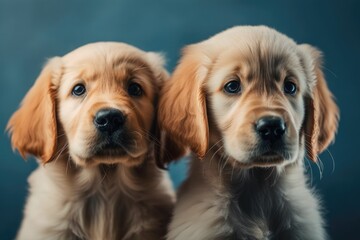Lovely golden retriever puppies in the suite. The background is blue. Generative AI