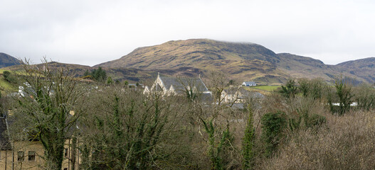 Panorama. View of the cottages and mountains. Northern Ireland.