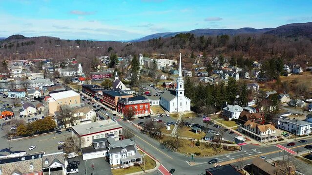Aerial zoom of Lee, Massachusetts, United States, on a fine day 4K