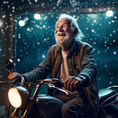 Fototapeta na wymiar Generative ai senior old man driving motorcycle in starry glowing night