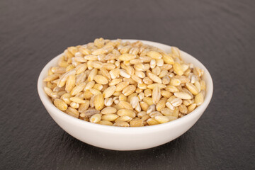 Pearl groats in a white ceramic saucer on slate stone, macro.