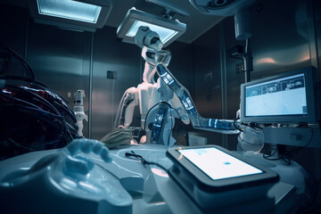 Generative ai of futuristic equipment and medical devices in hybrid operating room. - obrazy, fototapety, plakaty