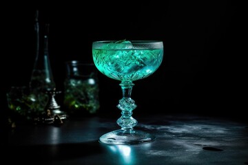 Cocktail in a mint-colored crystal glass. Generative AI.