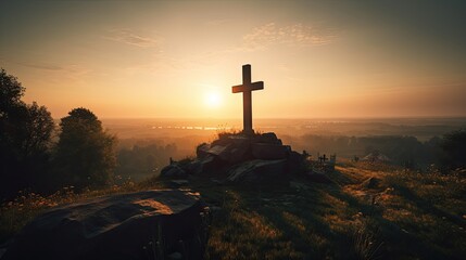 A Spiritual Awakening: Jesus Christ's Cross Outdoors at Sunrise with a Tomb at Dawn. Generative AI
