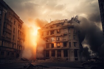 Apocalyptic Scene in an Urban City: Generative 3D Illustration of a Building After a Terrorist Attack Explosion: Generative AI
