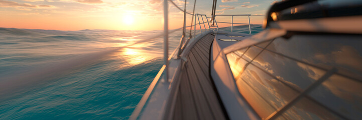 Beautiful modern yacht at sunset on calm seas relaxing holiday 3d render