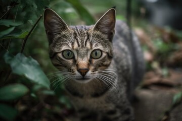 Naklejka na ściany i meble A lovely cat is seen playing in a home's front yard. Generative AI