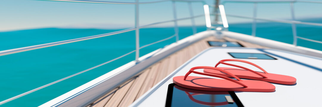 Single pair of red flip flops on a large yacht during a holiday 3d render