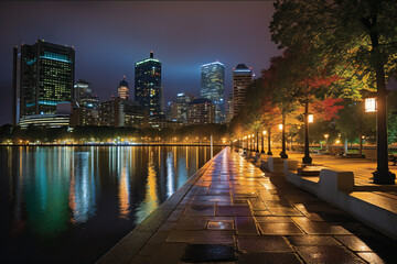 Fototapeta premium Enchanting Riverside Night Vista (AI Generated)