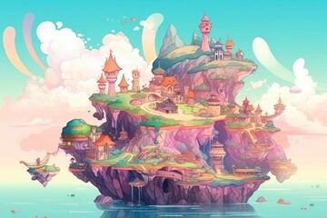 A fantastical world with  islands, mythical creatures, and magical landscapes background Generative AI
