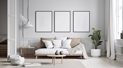 The mock-up poster frame is a versatile tool for interior designers and homeowners who want to add an artistic touch to their living space. The modern interior background features a trendy style with 