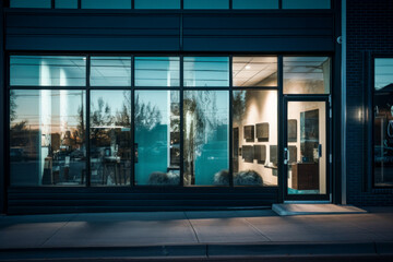 Fototapeta na wymiar Contemporary urban storefront with large windows. Street view in daylight. Generative AI.
